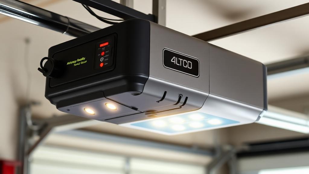 Battery backup unit installed on garage door opener motor