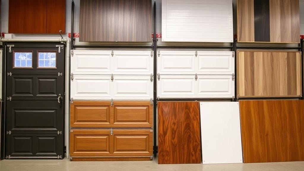 Various garage door panel styles and materials in showroom display