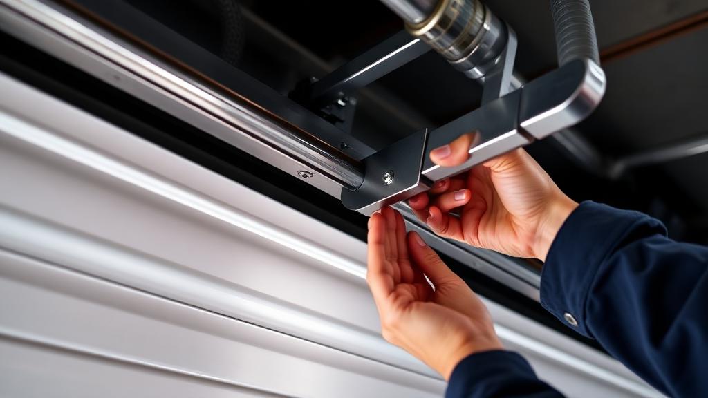 Professional technician adjusting garage door track alignment bracket