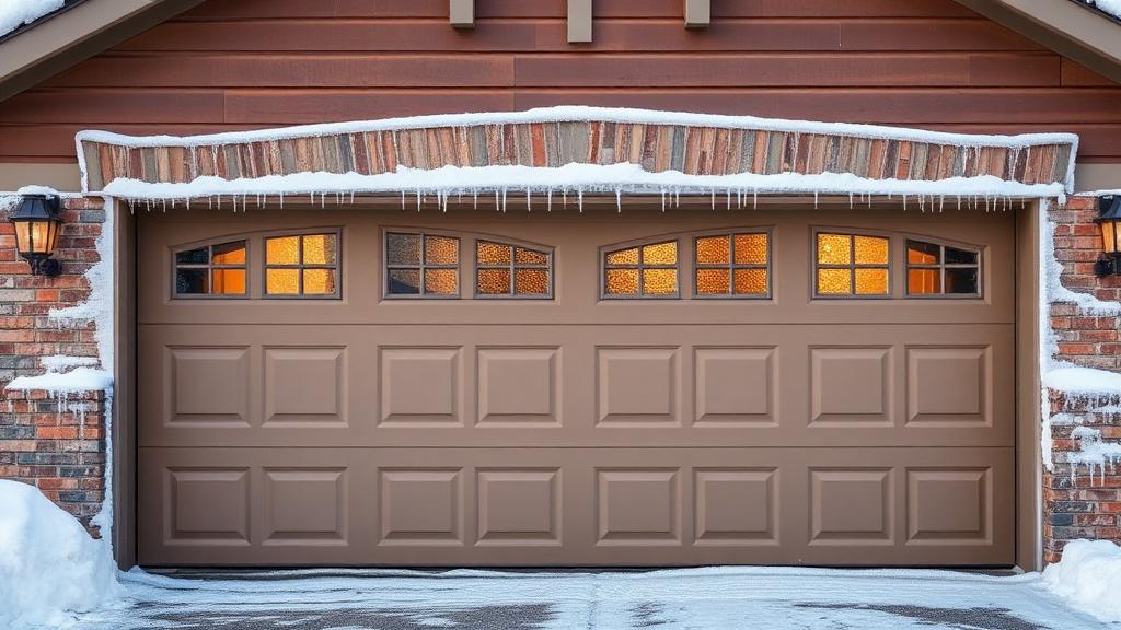 Garage door with snow and icicles on winter day showing weatherproofing