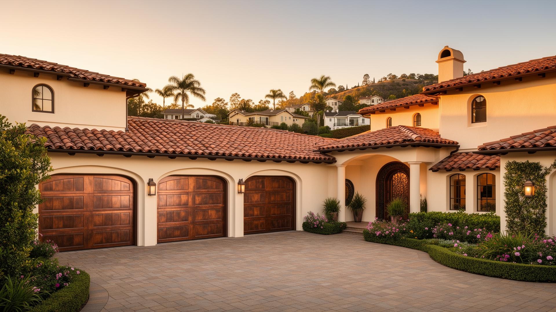 Luxury custom copper-clad garage doors on California Spanish revival home
